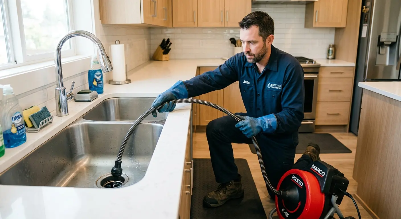 Drain cleaning technician using a motorized snake on a kitchen sink in Falls