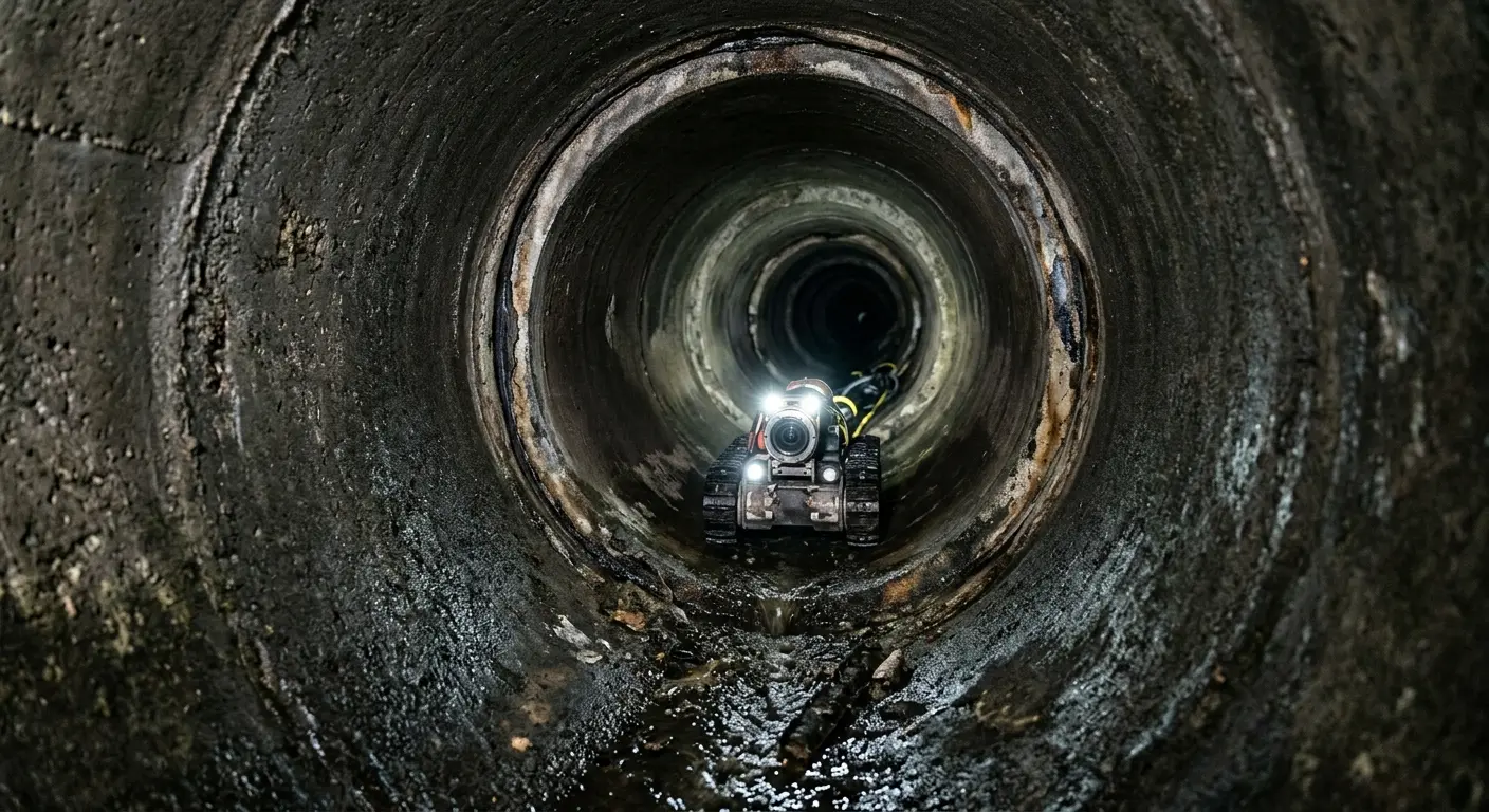Robotic sewer camera inspecting pipe interior for Sewer Line Cleaning in Falls