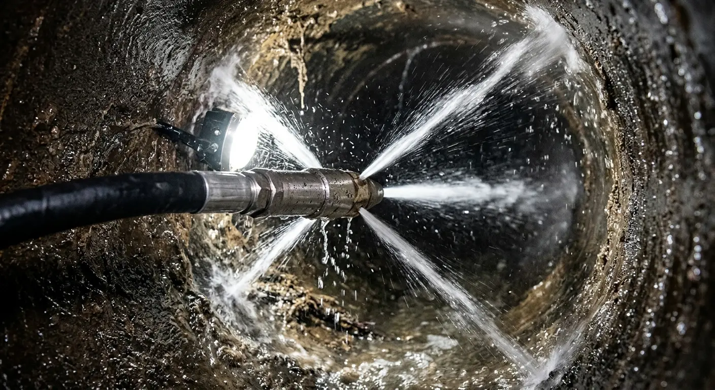 High-pressure hydro jetting nozzle cleaning sewer pipe for Trenchless Sewer Repair in Falls