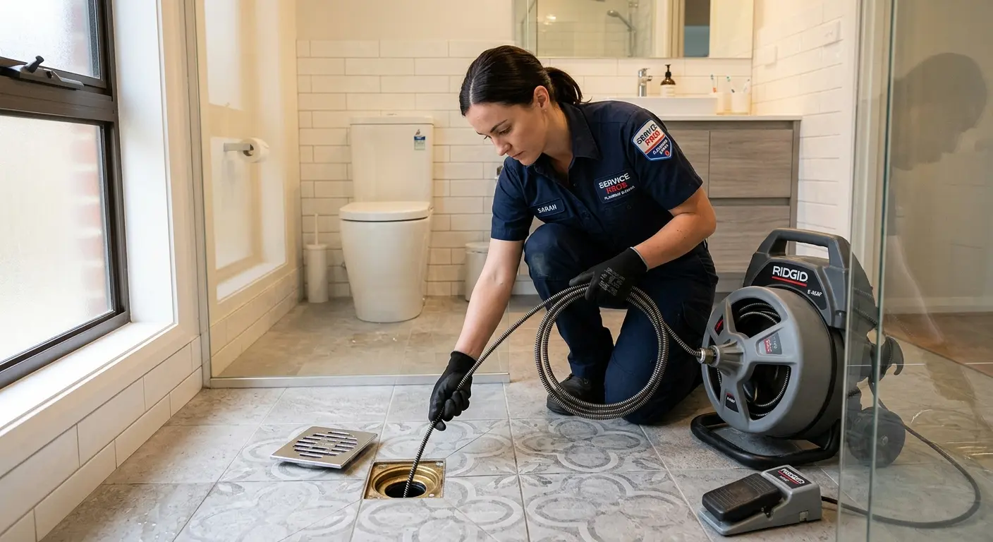 Technician clearing a bathroom floor drain for Drain Cleaning in Falls